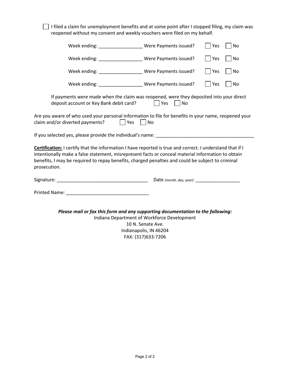 State Form 57068 Statement of Non-receipt of Unemployment (Ui) Benefits - Indiana, Page 2