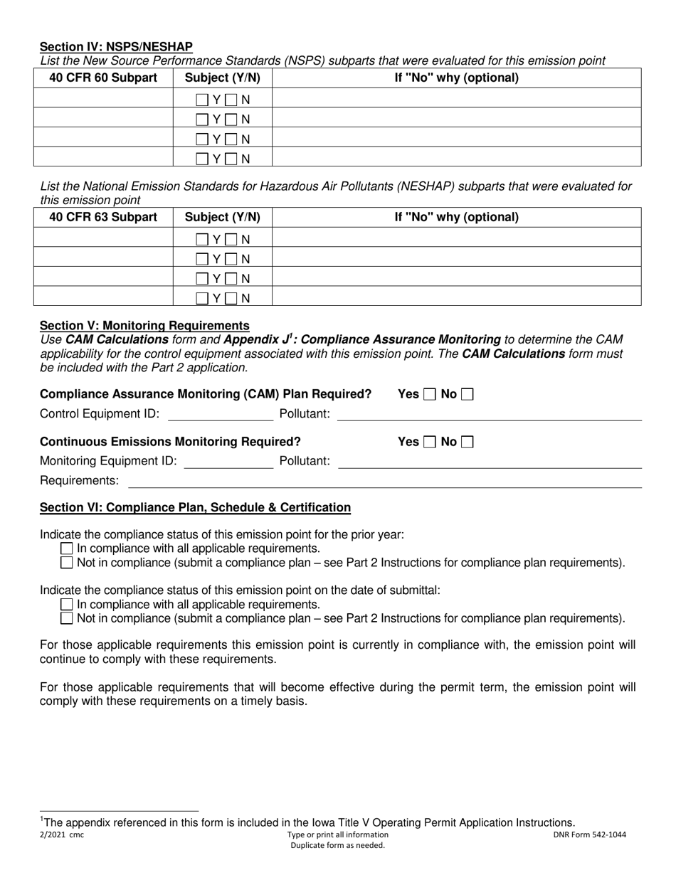 DNR Form 542-1044 Part 2 Operating Permit Application - Emission Point Applicable Requirements - Iowa, Page 2