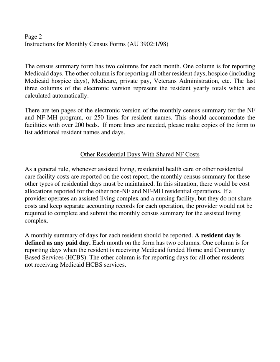 Instructions for Form AU-3902-A Monthly Census Summary - Kansas, Page 2