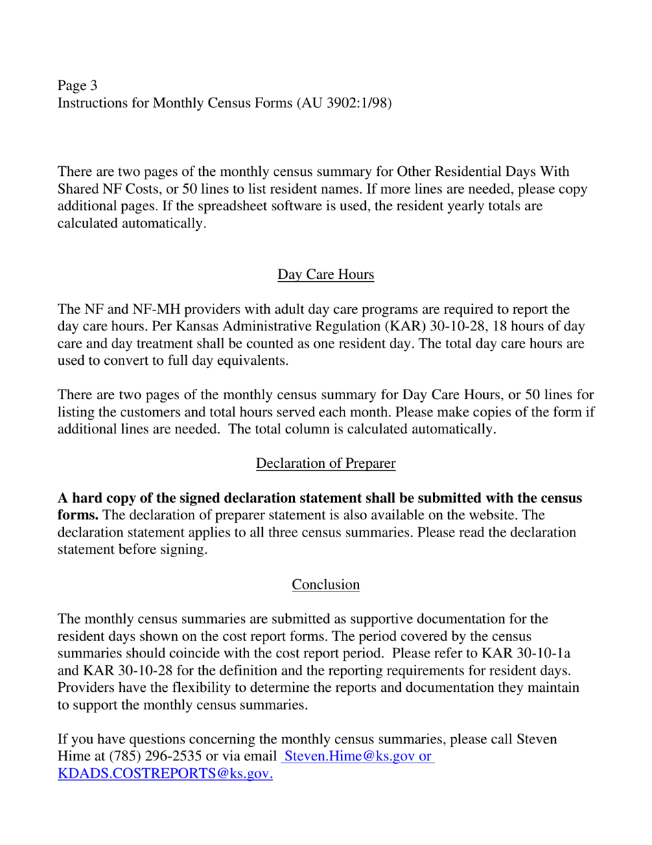 Instructions for Form AU-3902-A Monthly Census Summary - Kansas, Page 3