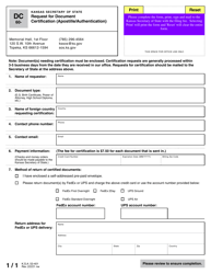 Form DC &quot;Request for Document Certification (Apostille/Authentication)&quot; - Kansas