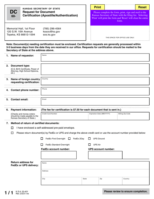 Form DC Request for Document Certification (Apostille/Authentication) - Kansas