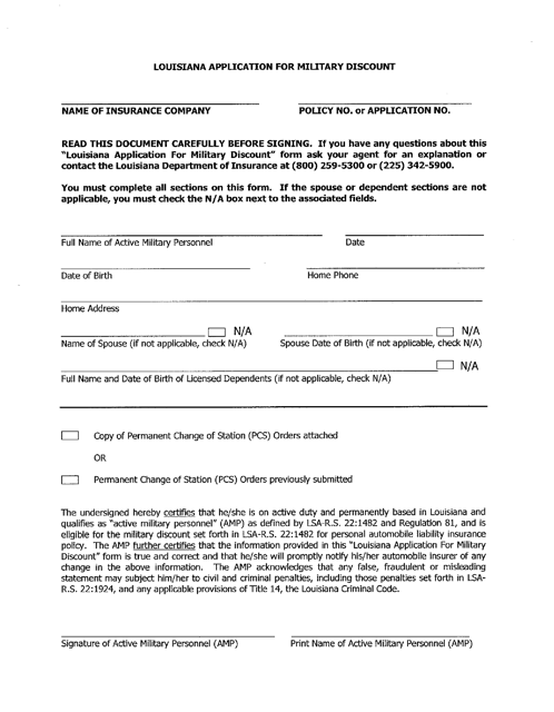 Louisiana Application for Military Discount - Louisiana Download Pdf