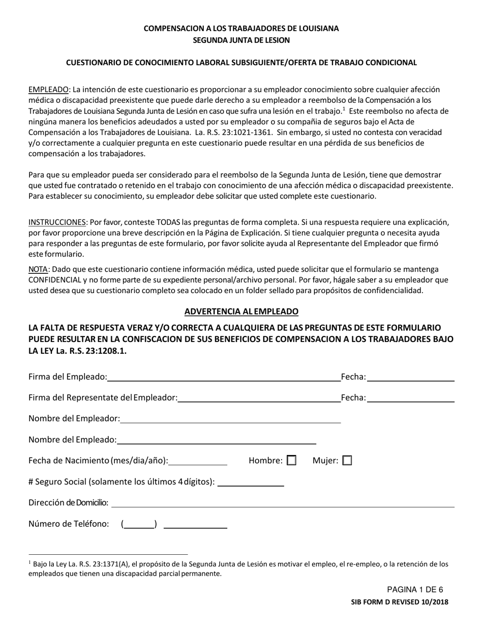 SIB Formulario D Cuestionario De Conocimiento Laboral Subsiguiente / Oferta De Trabajo Condicional - Louisiana (Spanish), Page 1