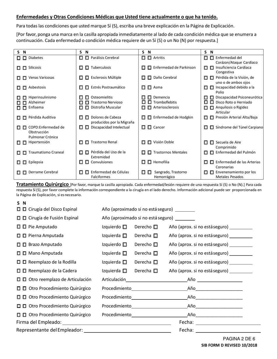 SIB Formulario D Cuestionario De Conocimiento Laboral Subsiguiente / Oferta De Trabajo Condicional - Louisiana (Spanish), Page 2
