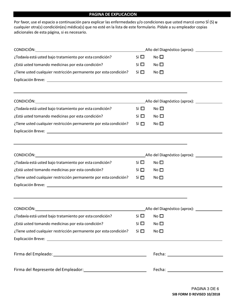 SIB Formulario D Cuestionario De Conocimiento Laboral Subsiguiente / Oferta De Trabajo Condicional - Louisiana (Spanish), Page 3