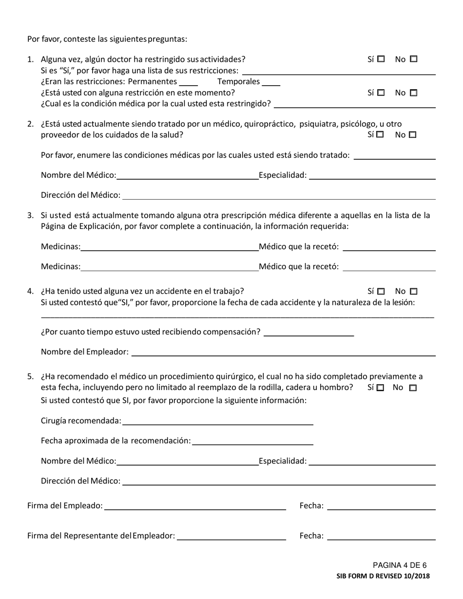 SIB Formulario D Cuestionario De Conocimiento Laboral Subsiguiente / Oferta De Trabajo Condicional - Louisiana (Spanish), Page 4