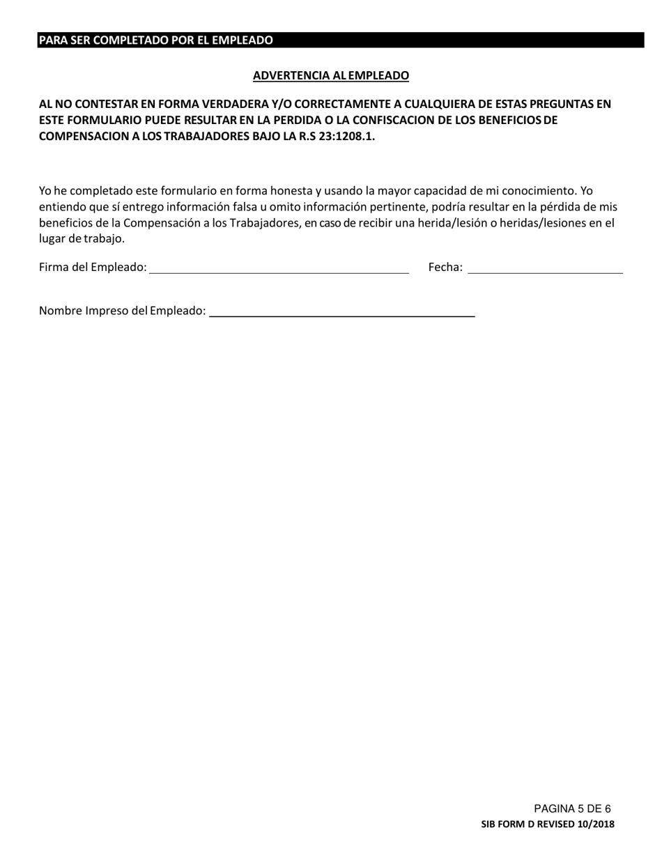 SIB Formulario D Cuestionario De Conocimiento Laboral Subsiguiente / Oferta De Trabajo Condicional - Louisiana (Spanish), Page 5