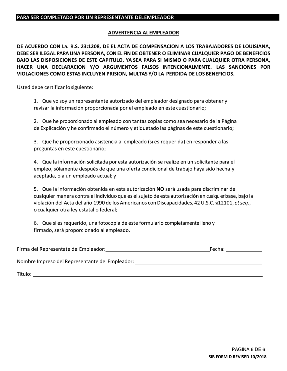 SIB Formulario D Cuestionario De Conocimiento Laboral Subsiguiente / Oferta De Trabajo Condicional - Louisiana (Spanish), Page 6