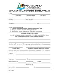 Document preview: Application for Universal Disability Pass - Maryland