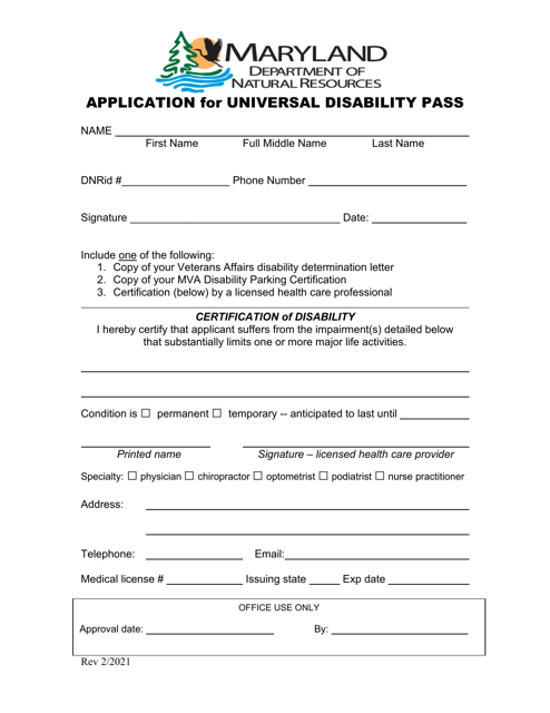 Application for Universal Disability Pass - Maryland Download Pdf