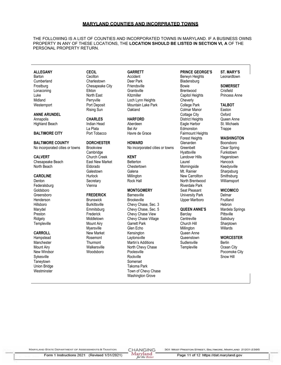 Instructions for Form 1 Annual Report  Business Personal Property Return - Maryland, Page 11