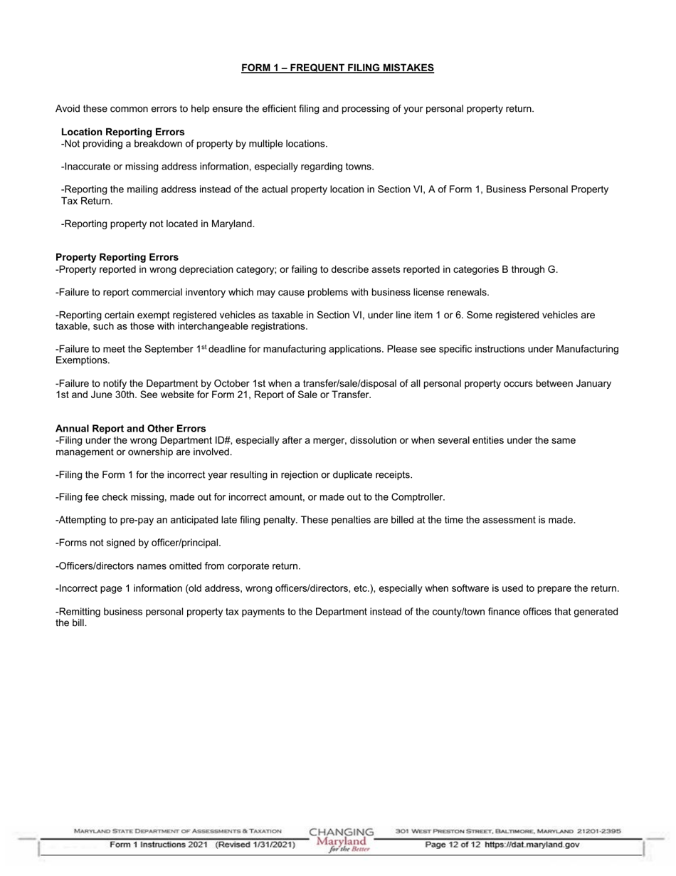 Instructions for Form 1 Annual Report  Business Personal Property Return - Maryland, Page 12