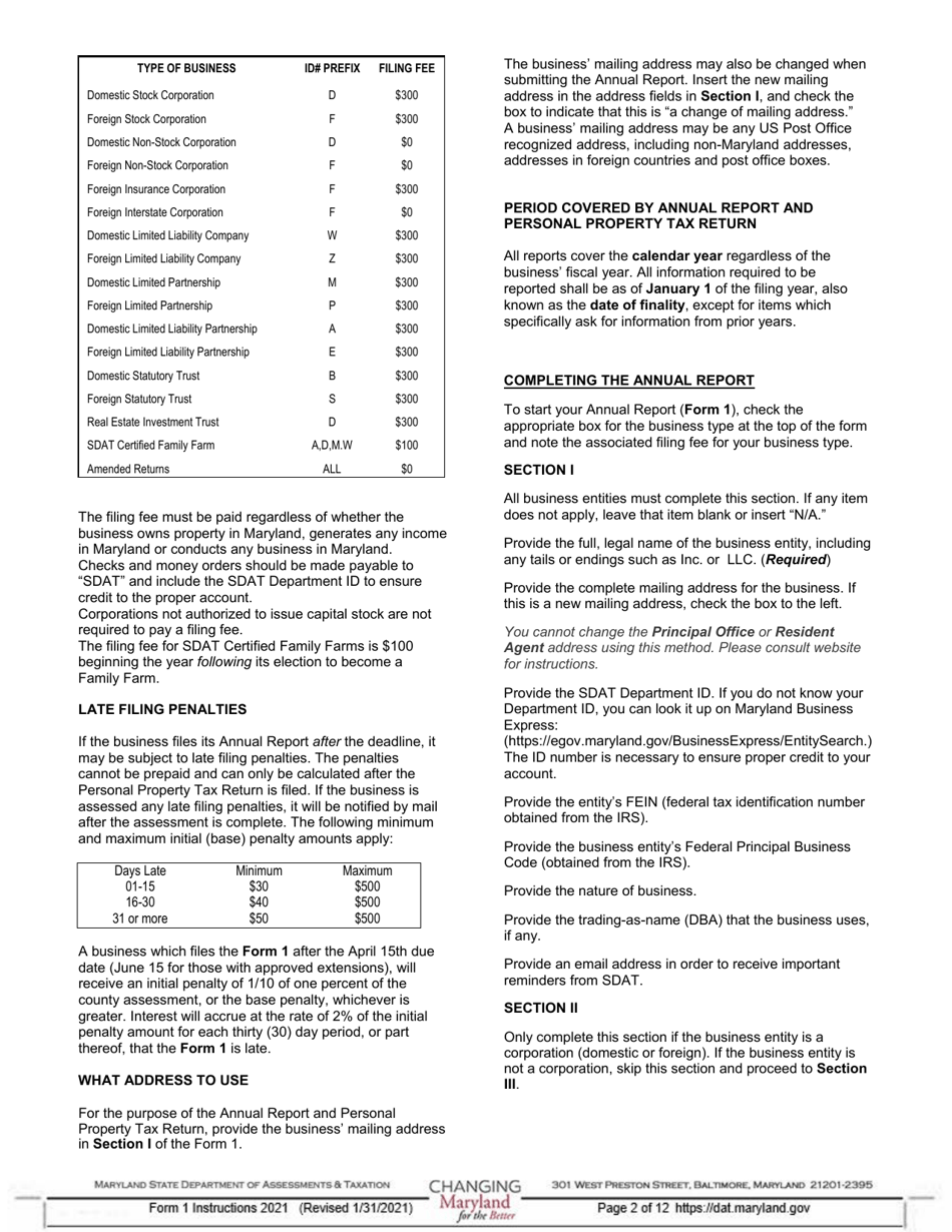 Download Instructions for Form 1 Annual Report & Business Personal