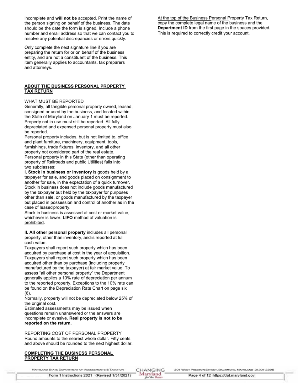Instructions for Form 1 Annual Report  Business Personal Property Return - Maryland, Page 4