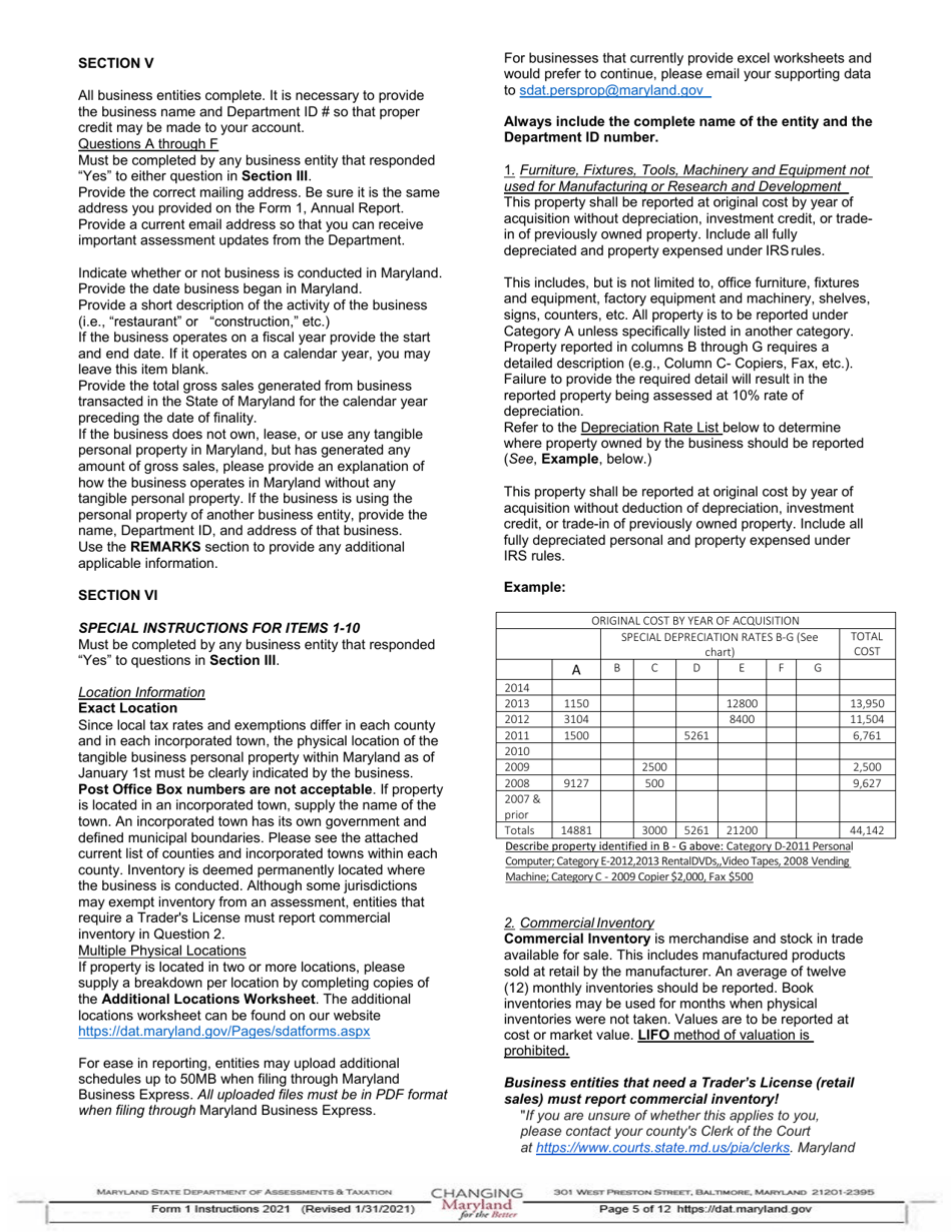 Instructions for Form 1 Annual Report  Business Personal Property Return - Maryland, Page 5