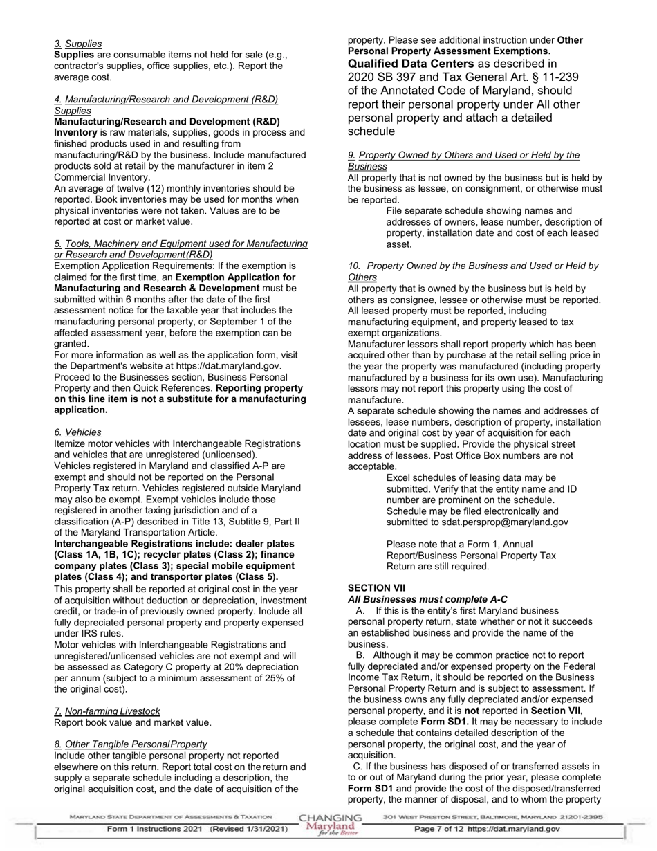 Instructions for Form 1 Annual Report  Business Personal Property Return - Maryland, Page 7