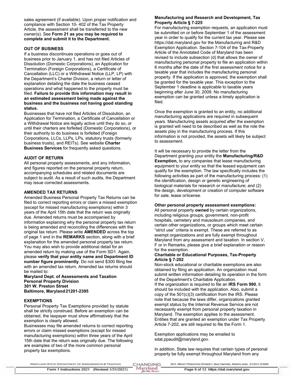 Instructions for Form 1 Annual Report  Business Personal Property Return - Maryland, Page 9
