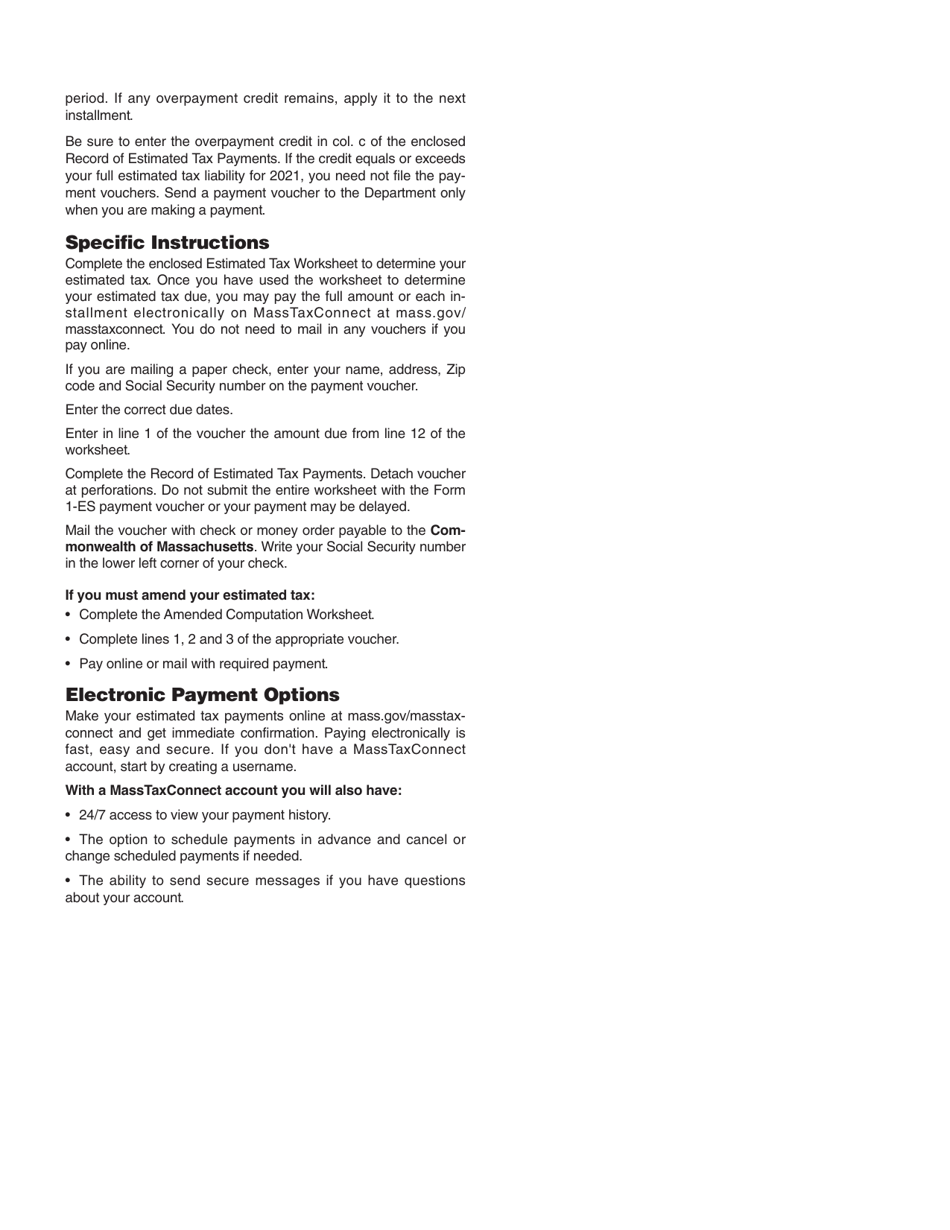 Form 1-ES Estimated Tax Payment Voucher - Massachusetts, Page 2