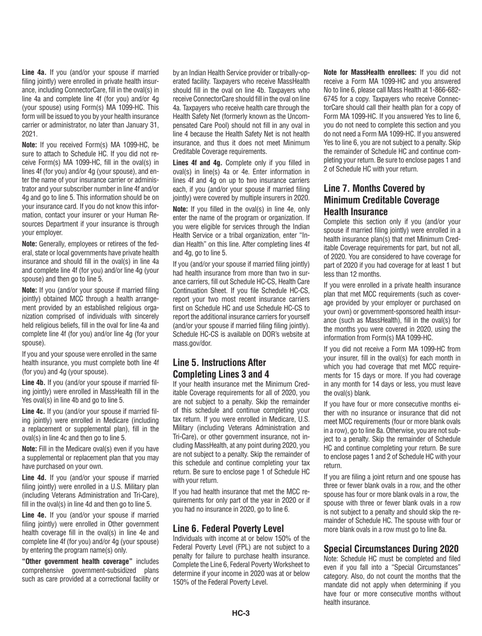 Instructions for Schedule HC Health Care Information - Massachusetts, Page 3