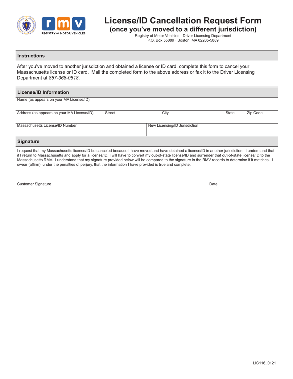 Form LIC116 License / Id Cancellation Request Form - Massachusetts, Page 1
