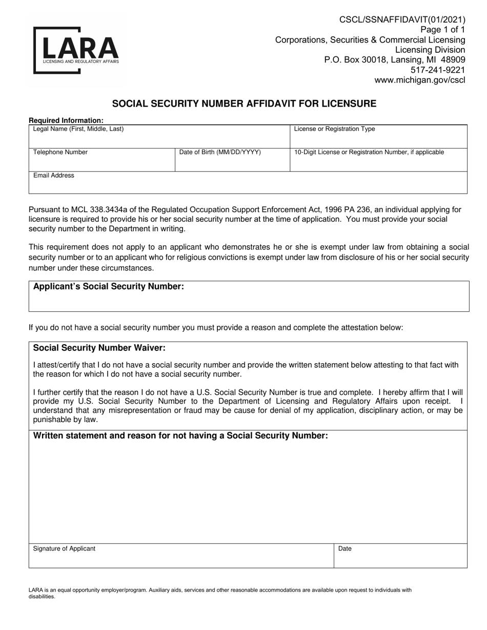 Social Security Number Affidavit for Licensure - Michigan, Page 1