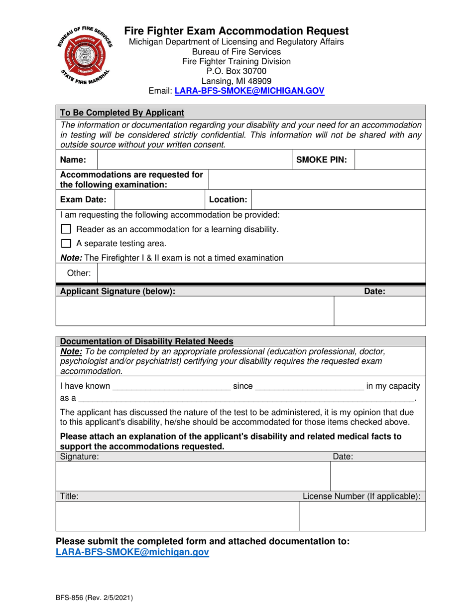 Form BFS-856 Fire Fighter Exam Accommodation Request - Michigan, Page 1