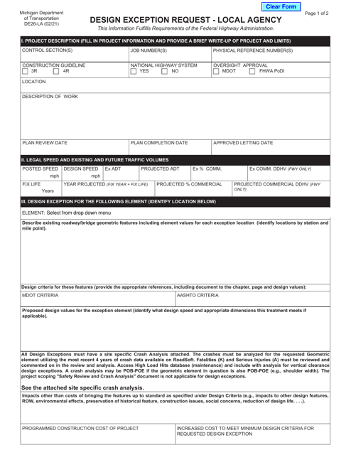 Form DE26-LA Design Exception Request - Local Agency - Michigan