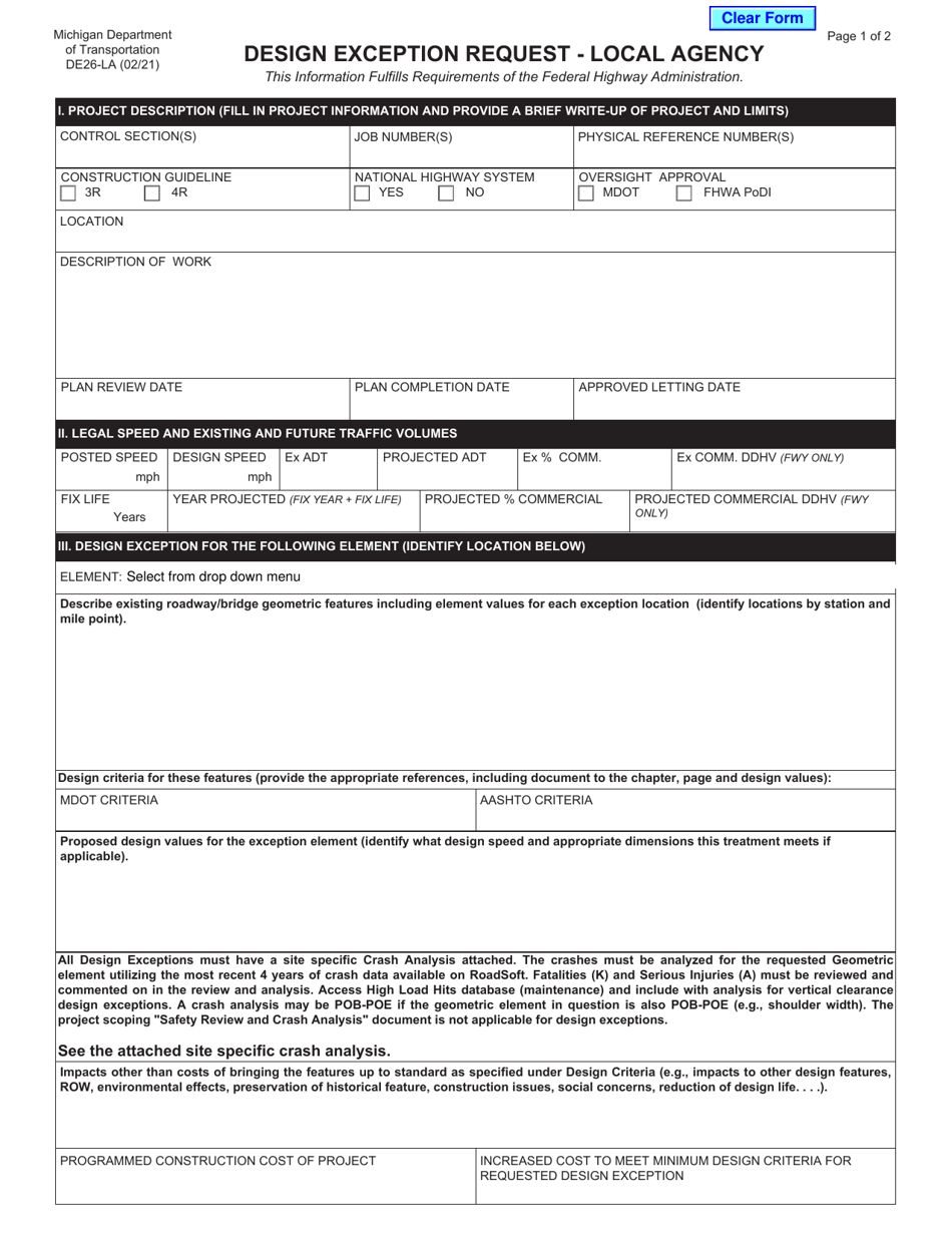 Form DE26-LA Design Exception Request - Local Agency - Michigan, Page 1