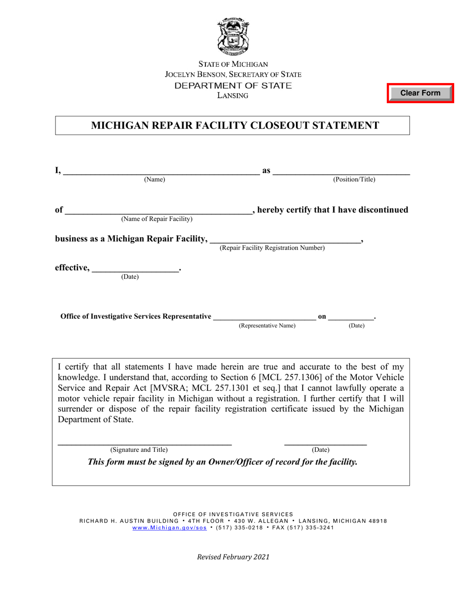 Michigan Repair Facility Closeout Statement - Michigan, Page 1