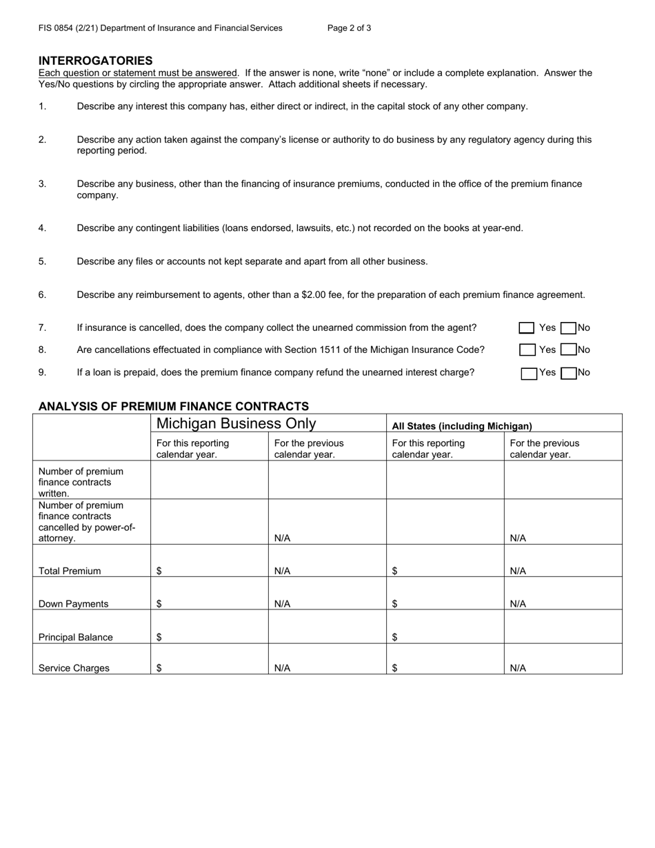 Form FIS0854 Annual Statement for Insurance Premium Finance Company - Michigan, Page 2