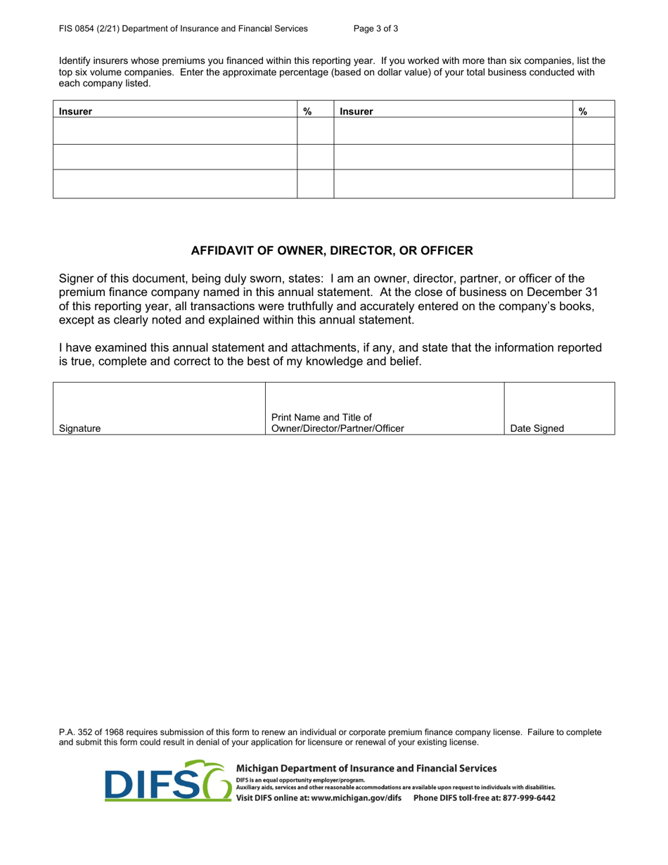 Form FIS0854 Annual Statement for Insurance Premium Finance Company - Michigan, Page 3
