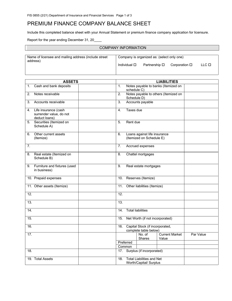 Form FIS0855 Premium Finance Company Balance Sheet - Michigan, Page 1