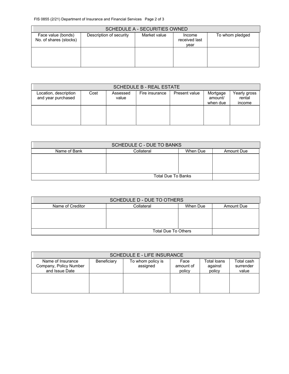 Form FIS0855 Premium Finance Company Balance Sheet - Michigan, Page 2