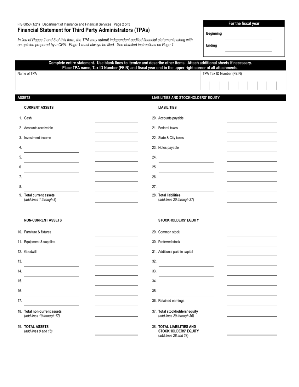 Form FIS0850 Financial Statement for Third Party Administrators (Tpas) - Michigan, Page 2