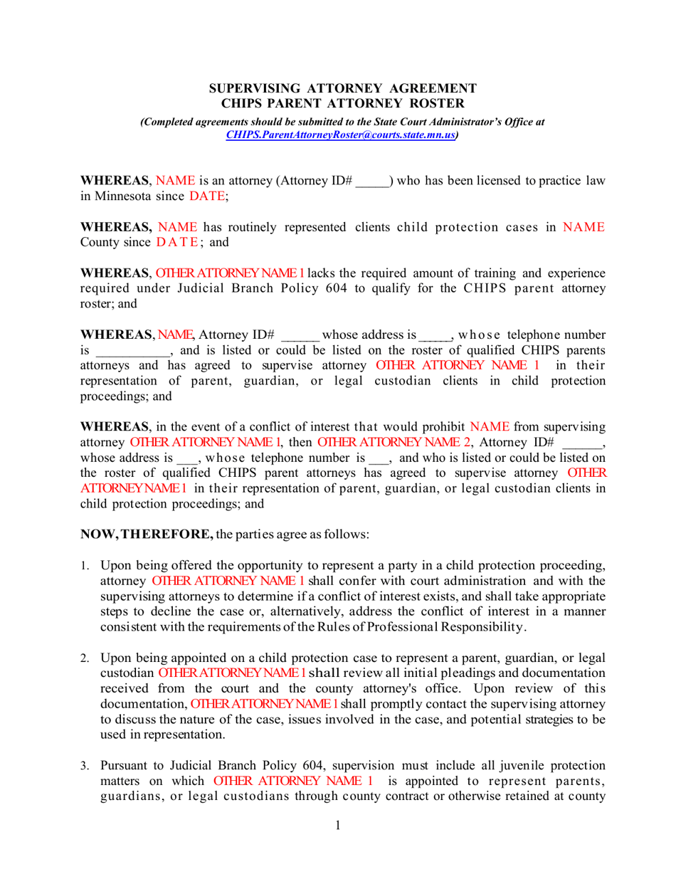Minnesota Supervising Attorney Agreement Chips Parent Attorney Roster