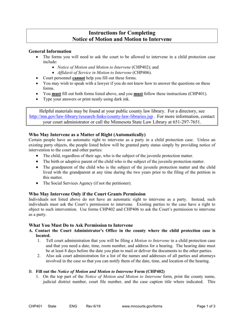 Form CHP401 Instructions for Completing Notice of Motion and Motion to Intervene - Minnesota