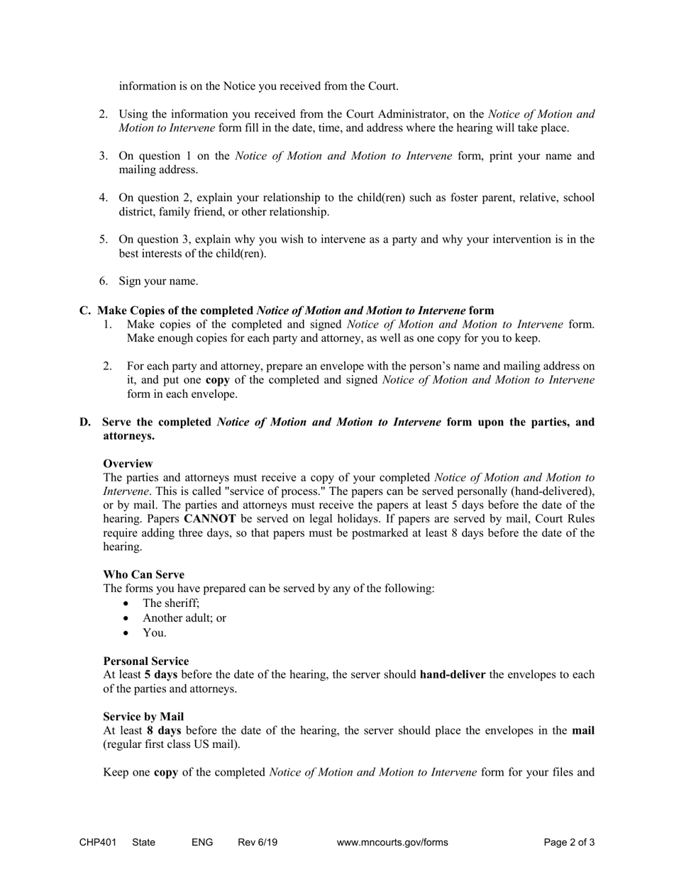 Form CHP401 Instructions for Completing Notice of Motion and Motion to Intervene - Minnesota, Page 2