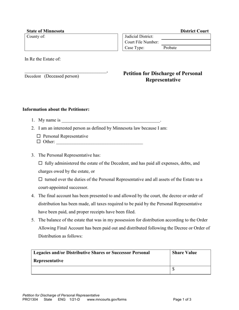 Form PRO1304 Petition for Discharge of Personal Representative - Minnesota