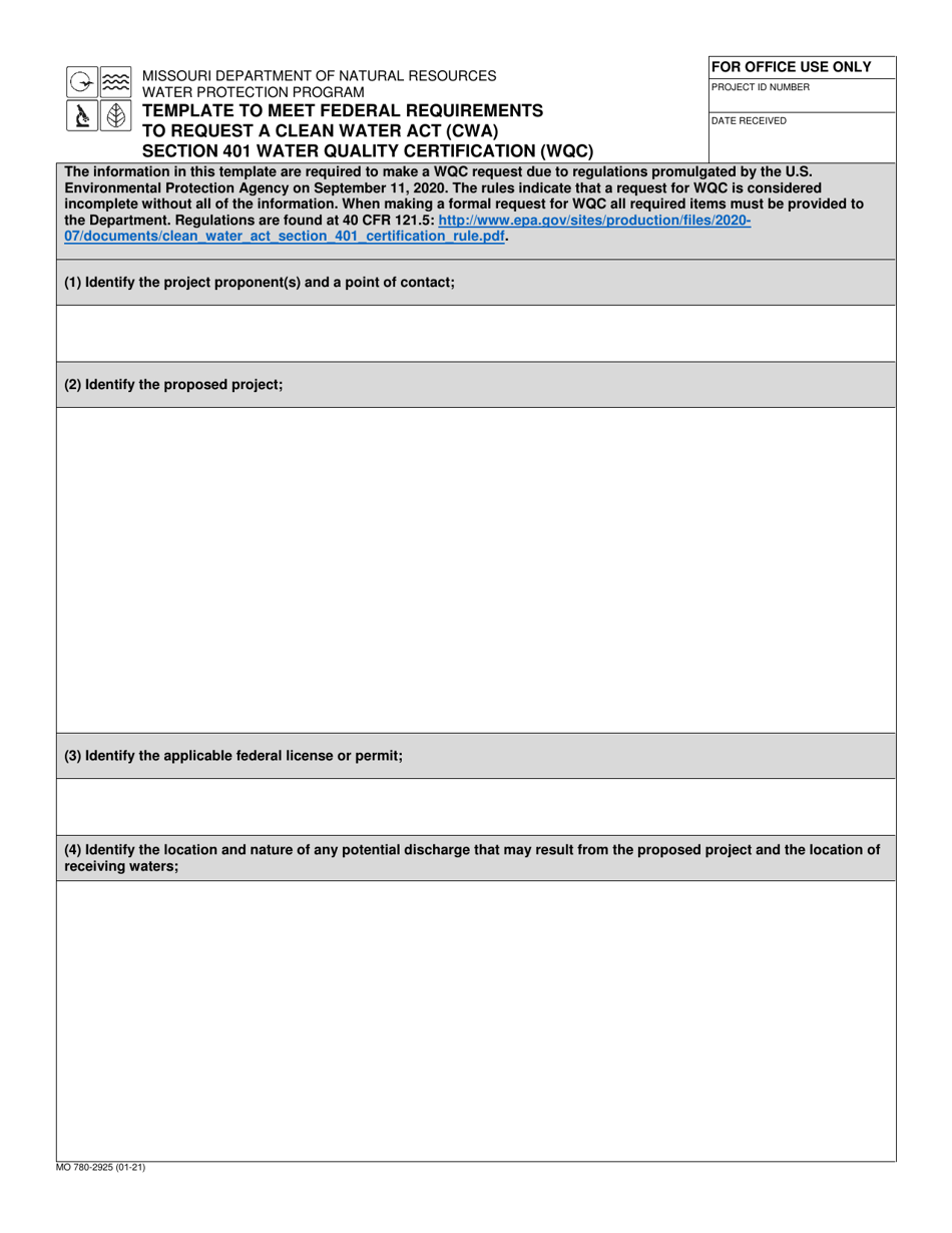 Form MO780-2925 Template to Meet Federal Requirements to Request a Clean Water Act (Cwa) Section 401 Water Quality Certification (Wqc) - Missouri, Page 1