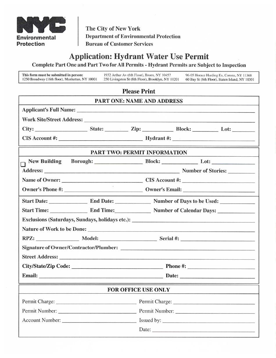 Hydrant Use Permit Application Form - New York City, Page 1