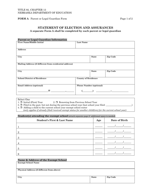 Form A Statement of Election and Assurances - Nebraska