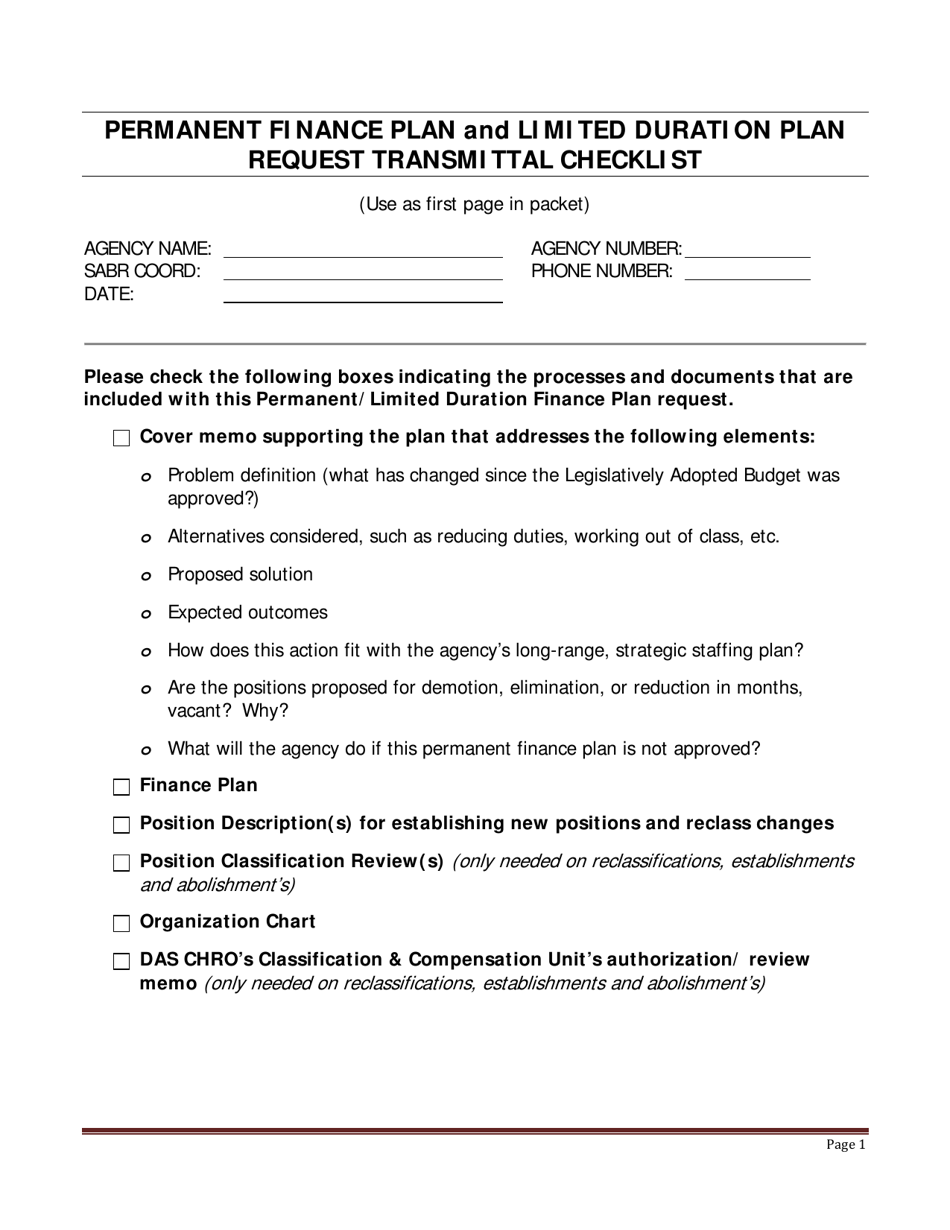 Permanent Finance Plan and Limited Duration Plan Request Transmittal Checklist - Oregon, Page 1