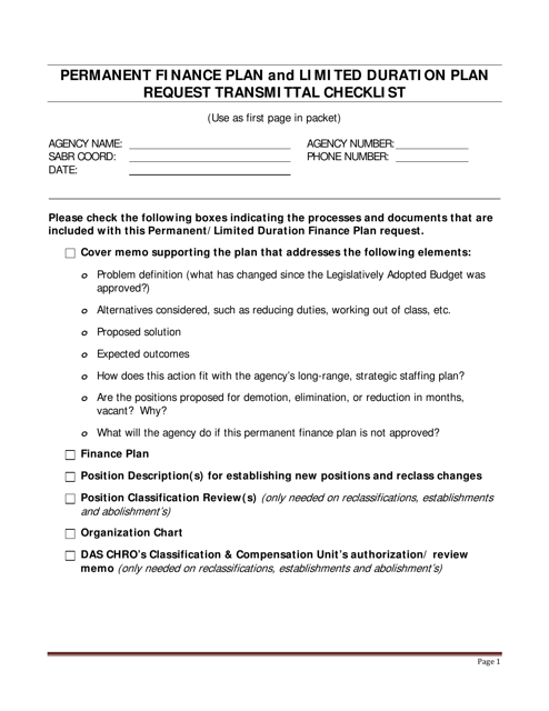 Permanent Finance Plan and Limited Duration Plan Request Transmittal Checklist - Oregon