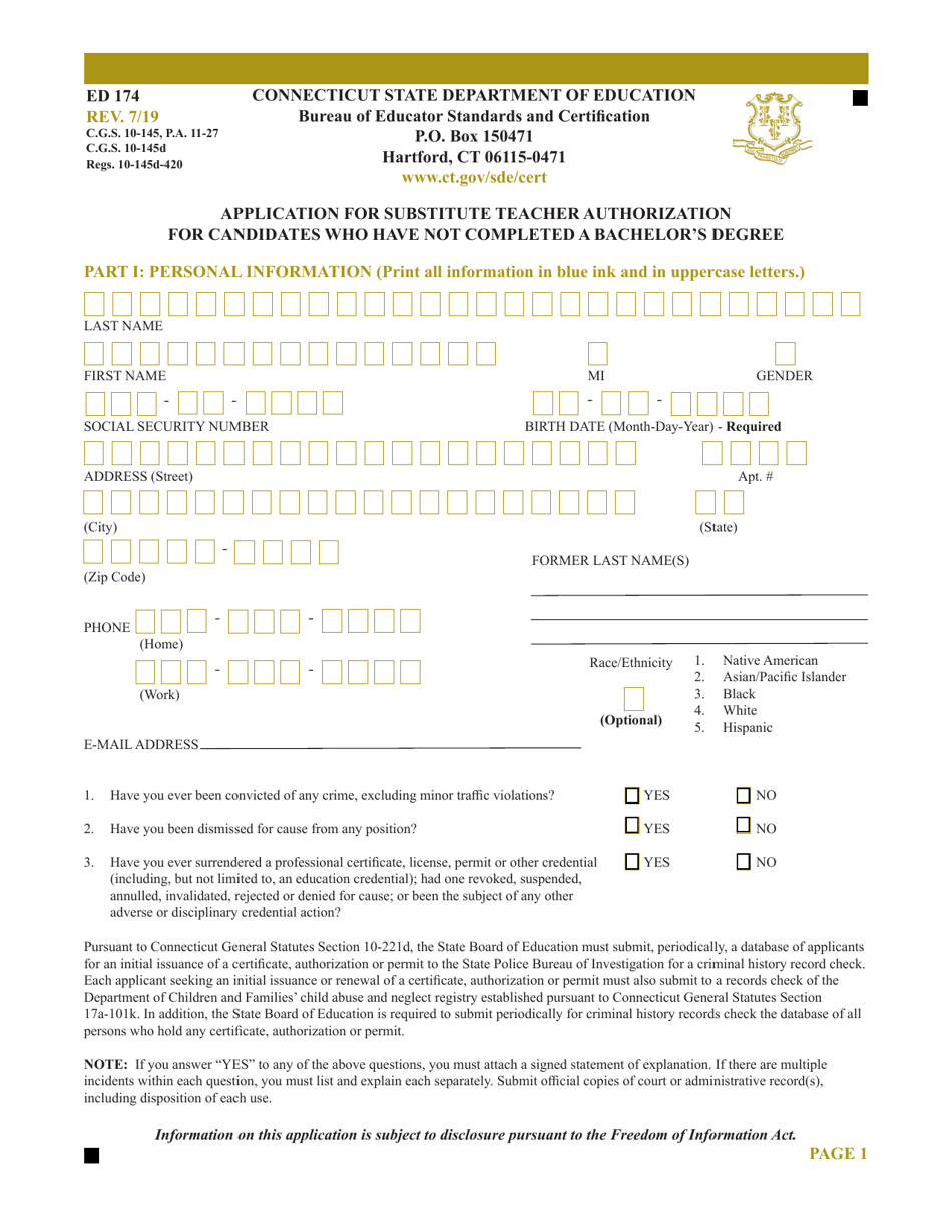 Form ED174 Application for Substitute Teacher Authorization for Candidates Who Have Not Completed a Bachelors Degree - Connecticut, Page 1