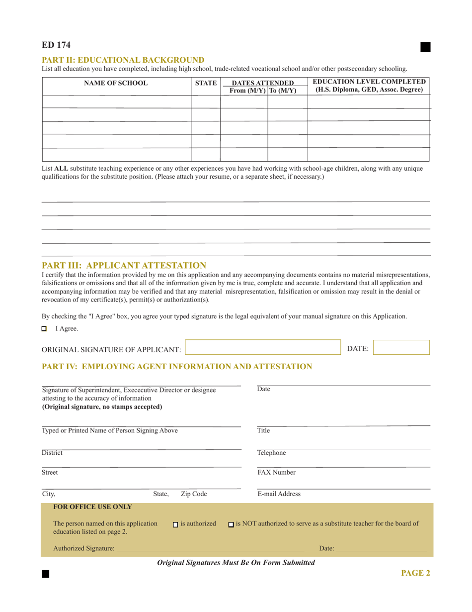 Form ED174 Application for Substitute Teacher Authorization for Candidates Who Have Not Completed a Bachelors Degree - Connecticut, Page 2