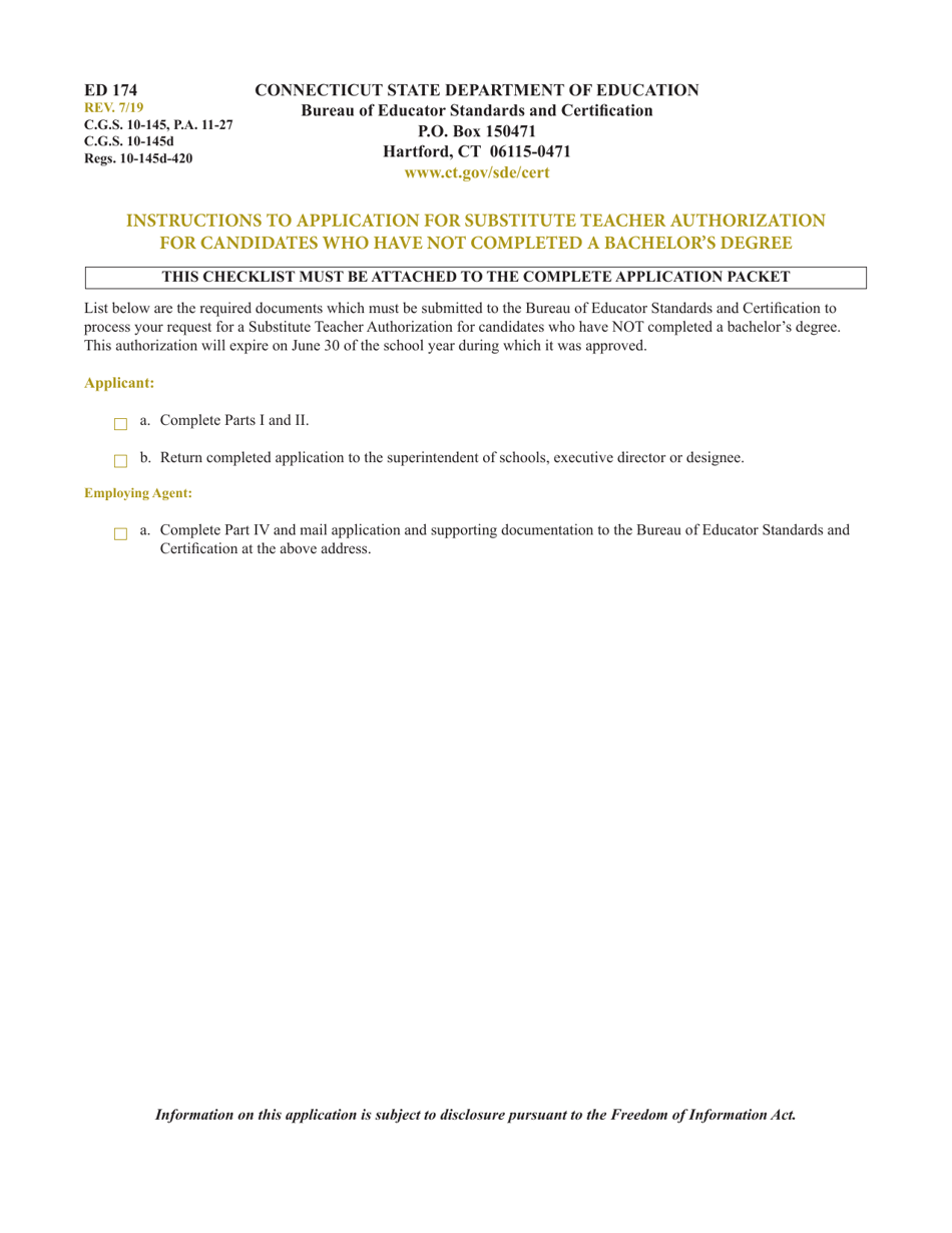 Form ED174 Application for Substitute Teacher Authorization for Candidates Who Have Not Completed a Bachelors Degree - Connecticut, Page 3