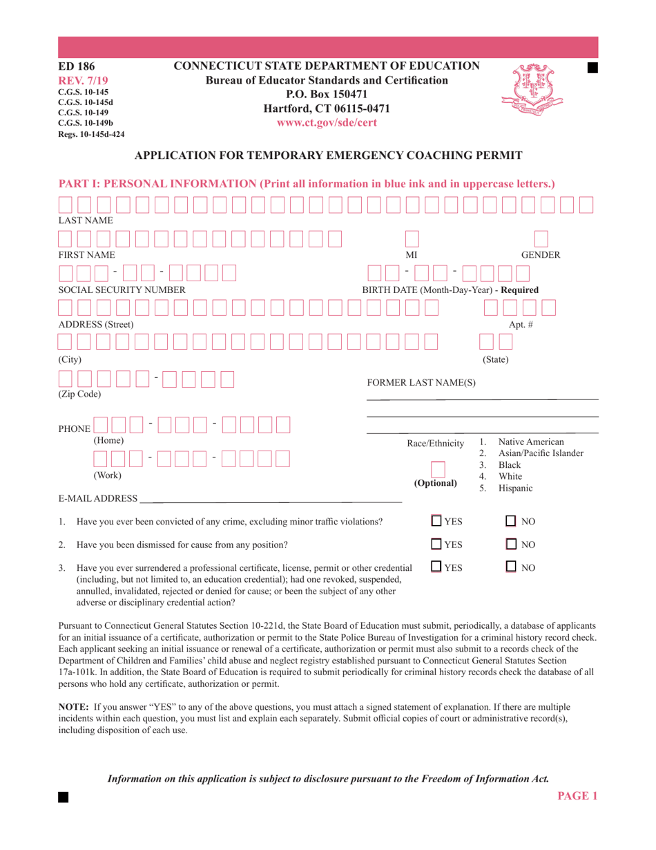 Form ED186 Application for Temporary Emergency Coaching Permit - Connecticut, Page 1