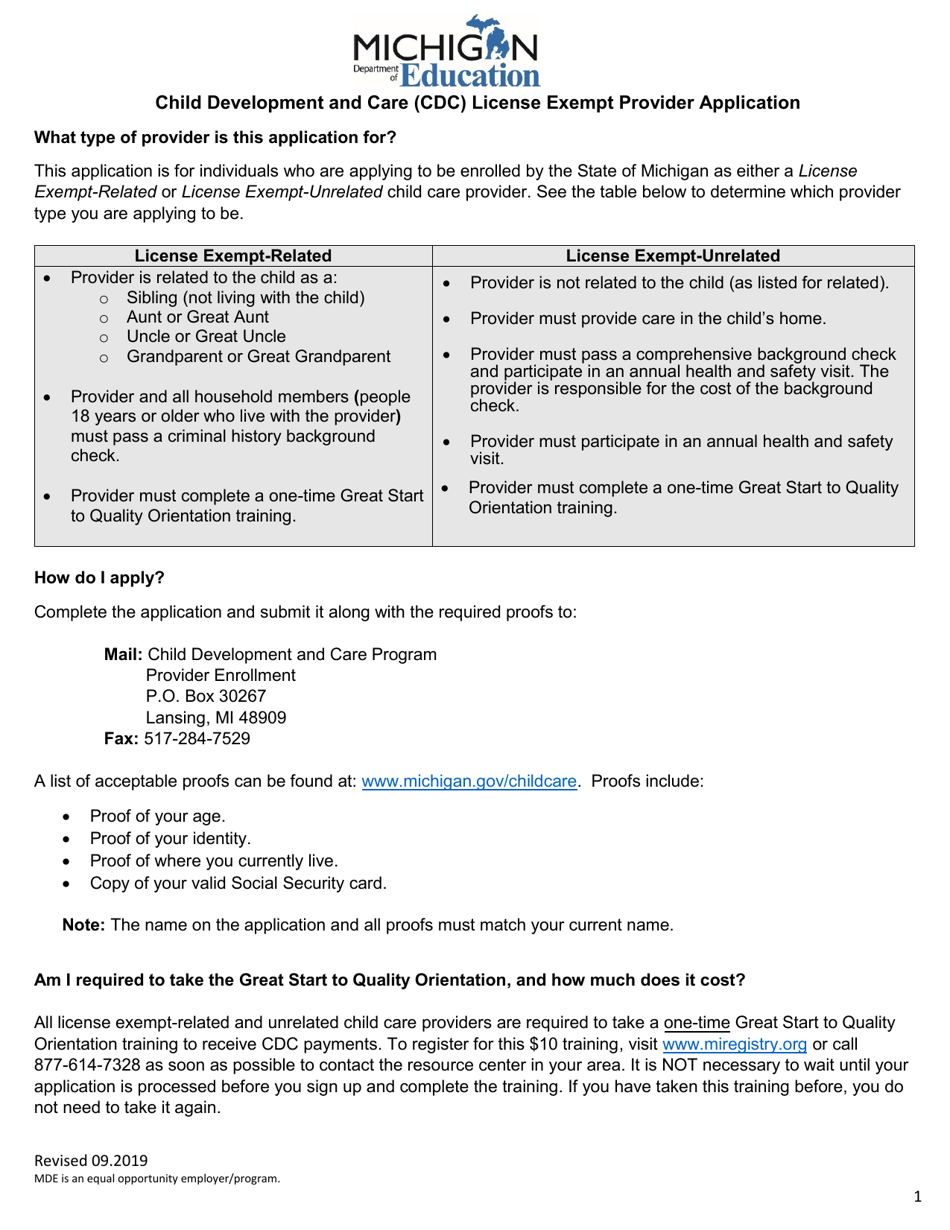 Child Development and Care (CDC) License Exempt Provider Application - Michigan, Page 1