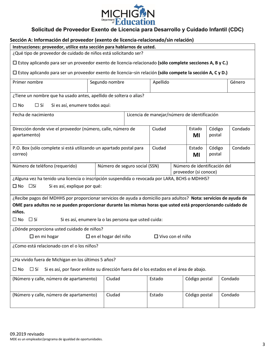 Solicitud De Proveedor Exento De Licencia Para Desarrollo Y Cuidado Infantil (CDC) - Michigan (Spanish), Page 3